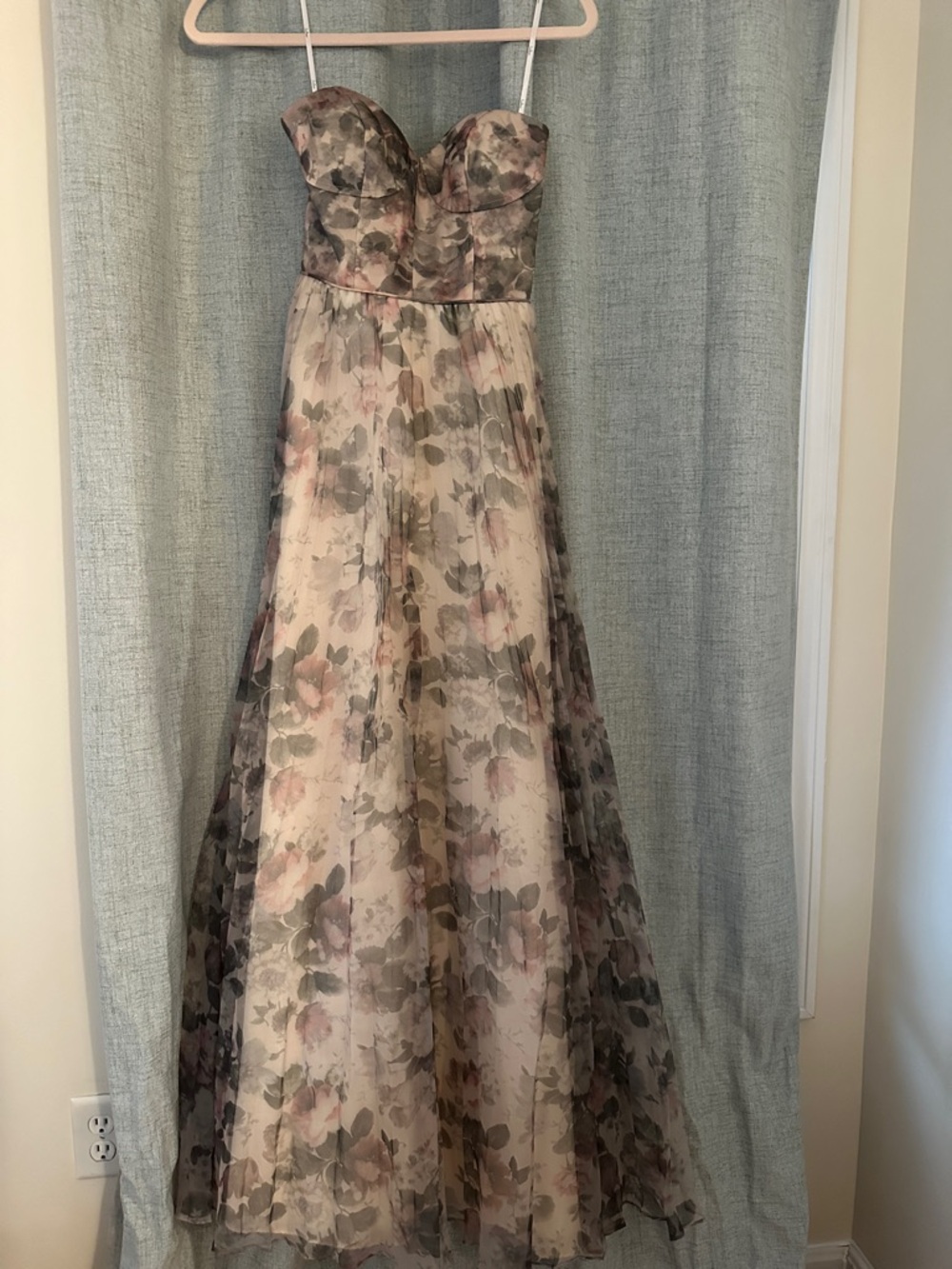 Strapless Floral Chiffon Evening Gown - Blush and Sage
